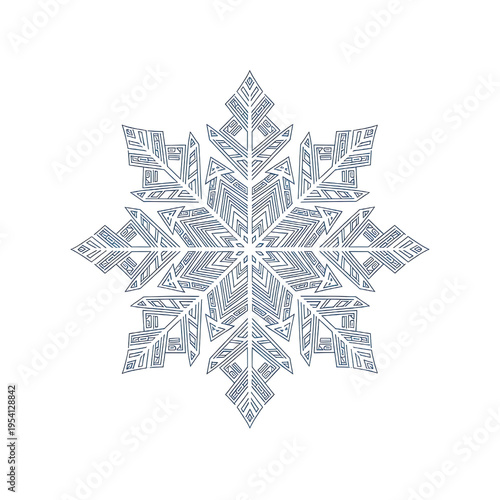 Intricate Blue Snowflake Design on White Background.