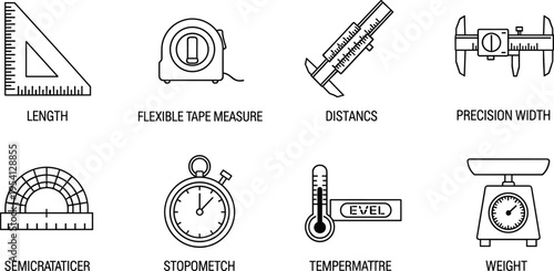 Eight measurement tools with icons including ruler, tape, caliper, protractor, stopwatch, thermometer, and scale, vector educational illustration