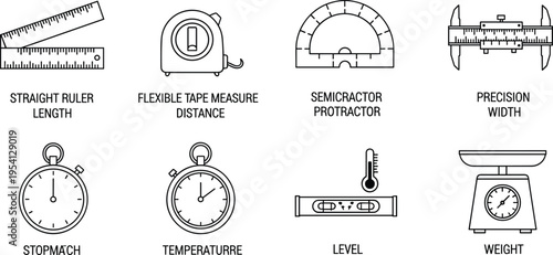 Collection of eight black and white measurement tools in line art style, vector educational illustration for science, math, and engineering use 