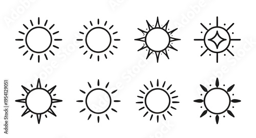 sun, solar, icon, line, vector, outline, drawing, sketch, minimal, simple, thin, stroke, shape, symbol, set, collection, sunshine, sunlight, weather, summer, heat, hot, warm, bright, light, daylight, 