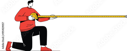 Vector illustration of person kneeling with extended measuring tape for construction, design, and precision artwork