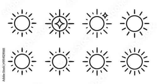 solar, sun, icon, line, vector, outline, drawing, sketch, minimal, simple, thin, stroke, shape, symbol, set, collection, sunshine, sunlight, weather, summer, heat, hot, warm, bright, light, daylight, 