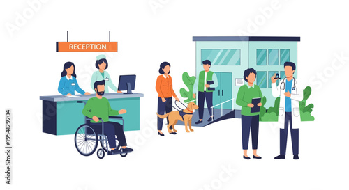 Inclusive Healthcare Services: Accessible Hospital Reception with Diverse Patients, Doctors, Nurses & Guide Dog Vector Illustration