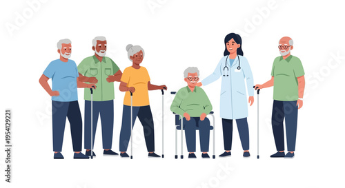 Elderly Healthcare and Support: Diverse Seniors with Doctor, Canes, and Wheelchair