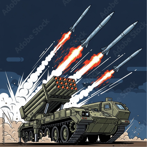 Military Missile Launcher Firing Rockets Illustration.