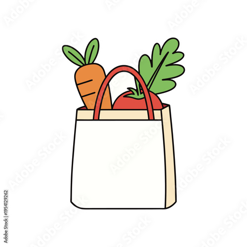 Cartoon shopping bag filled with fresh healthy vegetables and a juicy red tomato