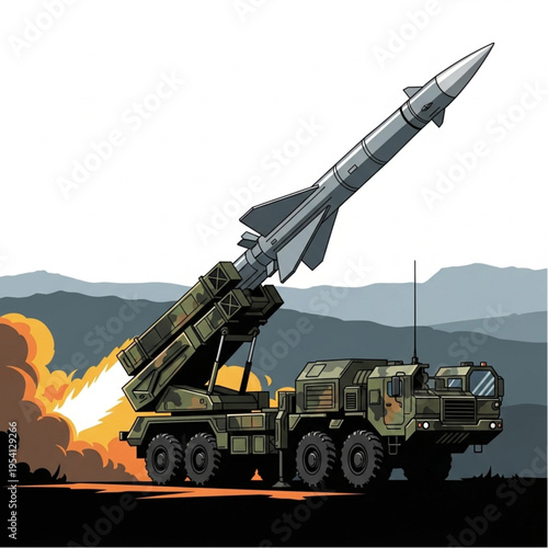 Military Missile Launcher Vehicle Firing Rocket.