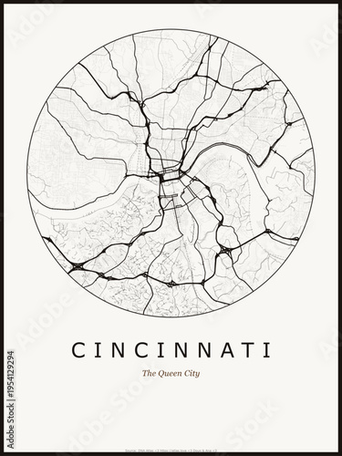 Cincinnati city map poster design. Street map art of Cincinnati United States. Black and white minimalist road network with downtown district for wall art home decor printable urban cartography.
