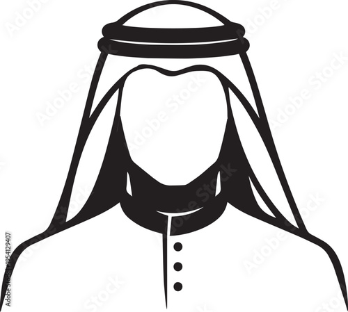 Minimalist Black and White Vector Illustration of a Traditional Middle Eastern Man Wearing a Keffiyeh and Thobe, Ideal for Cultural Representation and Business Graphics