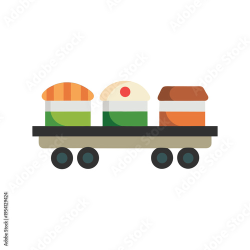 Stylized flat illustration of a train carrying three colorful sushi pieces on a white background