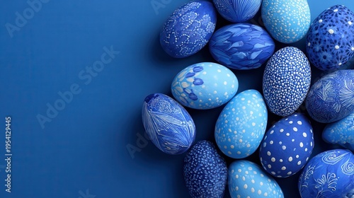 painted easter eggs blue on a blue background