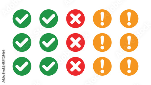 Check mark exclamation point x or cross mark icon set, icons representing approval rejection and caution, right wrong and warning signs