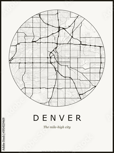 Denver city map poster design. Street map art of Denver United States. Black and white minimalist road network with downtown district for wall art home decor printable urban cartography. monochrome