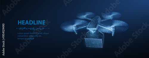 Glowing drone flying with motion trails on dark blue background. Aerial technology, UAV innovation, digital delivery, futuristic transportation, flight system, motion concept. 3D illustration