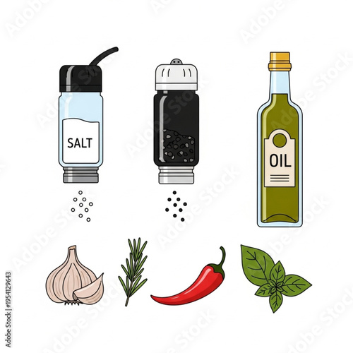 Salt Pepper Oil Spices Herbs Seasoning.