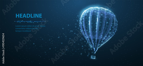 Glowing hot air balloon floating on dark blue background. Adventure travel, flight technology, digital illustration, journey concept, exploration, futuristic motion concept. 3D illustration