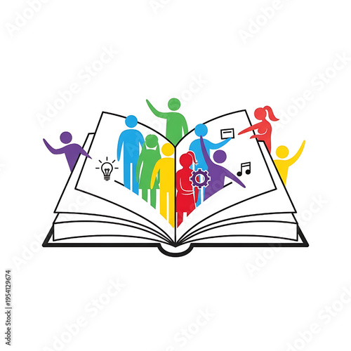 Open book with people and icons inside.