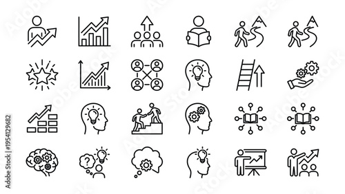 Set of business and finance icons: graphs, people, brainstorming, strategy, success, leadership, teamwork, ideas, and planning, problem solving