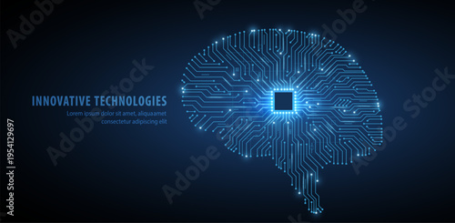 Glowing microchip with brain-shaped circuit on dark blue background. Artificial intelligence, AI technology, machine learning, neural network, digital computing, futuristic innovation concept. 3D illu