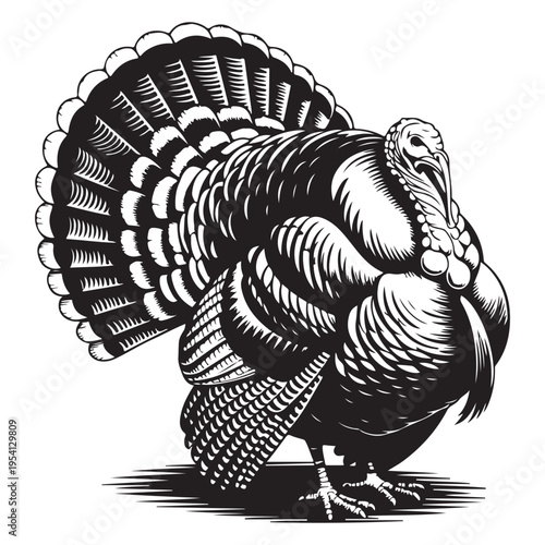 A detailed engraving of a proud wild turkey displaying its plumage a striking silhouette