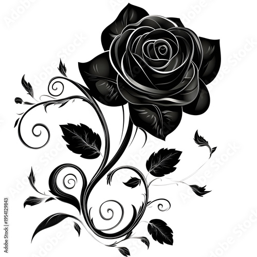 Elegant black and white line art illustration of two rose floral arrangements with decorative swirls and leaves, Generative AI
