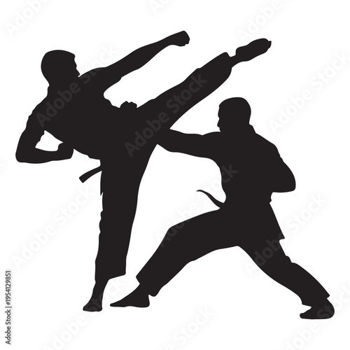 Two martial artists engaging in a dynamic kickboxing sparring match presented as a silhouette