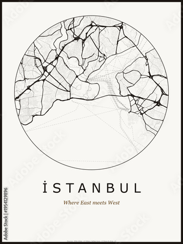 Istanbul city map poster design. Street map art of Istanbul Turkey. Black and white minimalist road network with downtown district for wall art home decor printable urban cartography. monochrome
