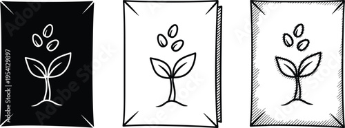 Vector illustration of seed packets in digital outline, sketch, and shaded styles for gardening and planting artwork