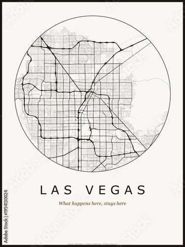 Las Vegas city map poster design. Street map art of Las Vegas United States. Black and white minimalist road network with downtown district for wall art home decor printable urban cartography.