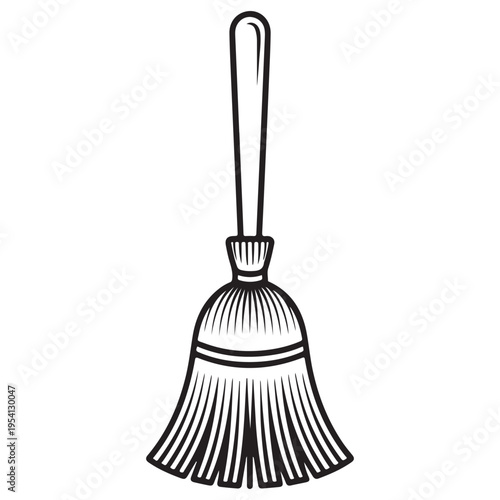A detailed line drawing depicts a traditional broom standing upright in black and white silhouette