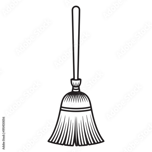 A detailed line drawing depicts a traditional broom standing upright in black and white silhouette