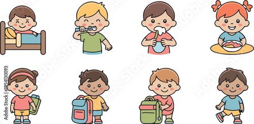 Healthy children morning habits collection showing kids sleeping brushing teeth drinking milk and carrying bags