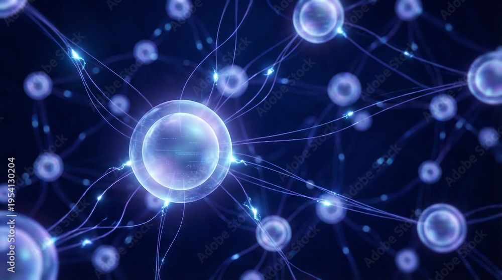 Naklejka premium Abstract quantum computing network with glowing nodes and data connections