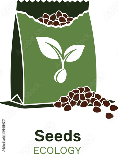 Green seed bag with sprouting seed graphic and spilled seeds, vector ecology illustration for sustainability, farming, and environmental awareness