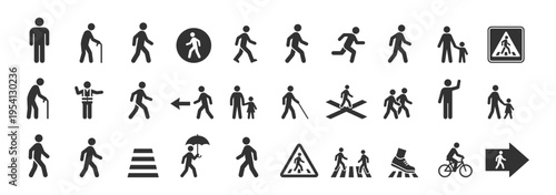 collection of pedestrian and walking icons and symbols in black silhouette style on transparent background