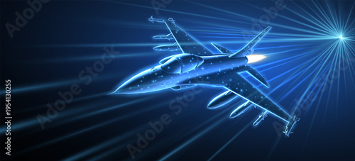 Futuristic fighter jet with glowing light trails on dark blue background. Aerospace technology, aviation speed, digital aircraft, modern warfare, flight innovation, motion concept. 3D illustration