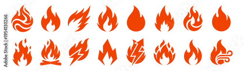 set of orange fire flame icons vector illustration on transparent background