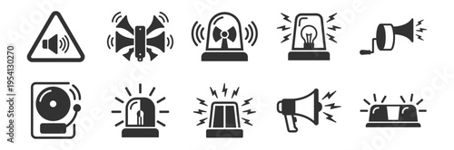 alarm and siren icons set in black silhouette style, security and warning symbol collection on transparent background