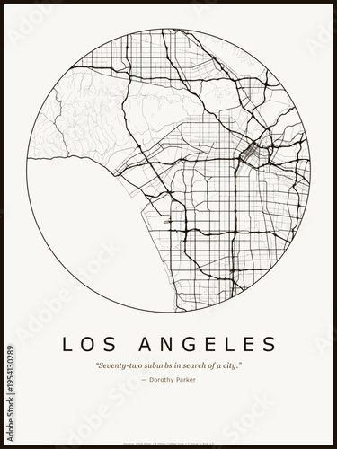 Los Angeles city map poster design. Street map art of Los Angeles United States. Black and white minimalist road network with downtown district for wall art home decor printable urban cartography.
