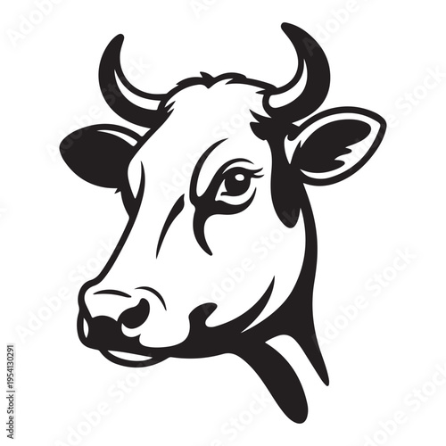 A striking black and white illustration of a cow s head showcasing a bold silhouette