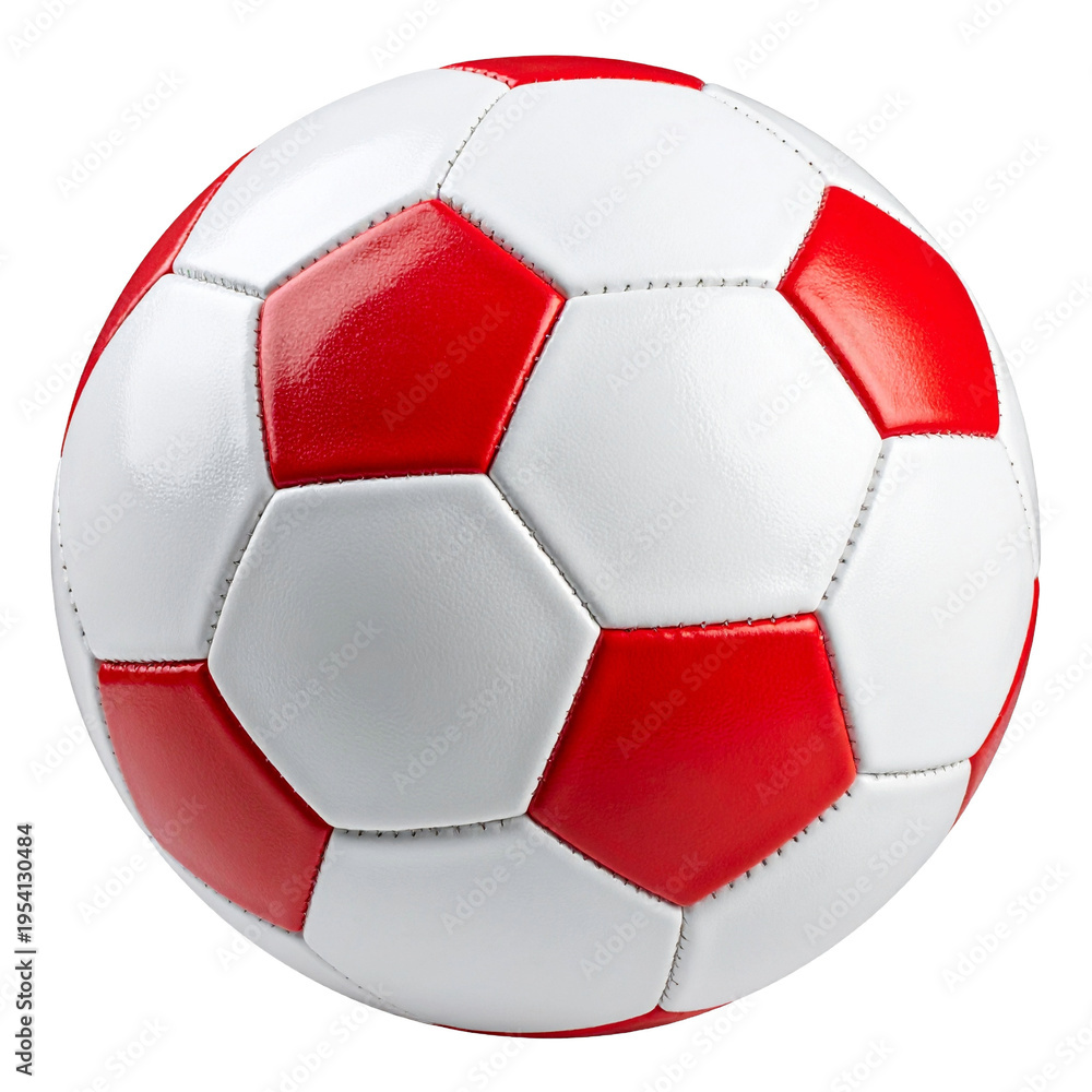 Fototapeta premium Rot-weißer Fußball als klassisches Sportobjekt, freigestellt vor schlichtem Hintergrund.