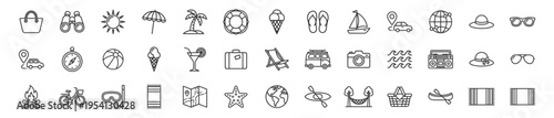 summer vacation line icons collection including beach accessories travel equipment and outdoor leisure objects on transparent background
