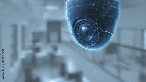 Close view of dome security camera in blurred office interior. Surveillance technology, monitoring system, workplace safety, digital protection, modern control, security service concept.