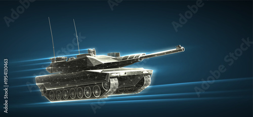 Futuristic battle tank with glowing lines on dark blue background. Military vehicle, armored defense, warfare technology, army transport, tactical machine, power concept. 3D illustration