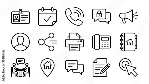 Communication and contact icons: id badge, calendar, phone, chat, megaphone, printer, fax, and address book, id badge