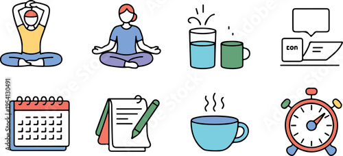 Daily routine and self care flat icons set featuring yoga meditation hydration work planning and time management