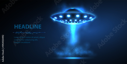Glowing UFO hovering over dark blue background with beam light. Alien spacecraft, futuristic flying object, sci fi technology, mystery transport, space exploration, fantasy concept. 3D illustration