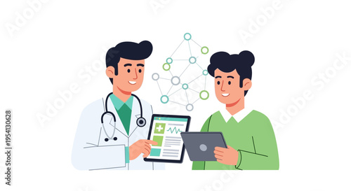 Doctor and Patient Discussing Digital Health Records on Tablet: Telehealth Consultation and Modern Healthcare Technology