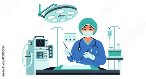 Female Surgeon in Operating Room Performing Procedure with Medical Equipment. Healthcare, Hospital, & Professional Doctor Concept Illustration.