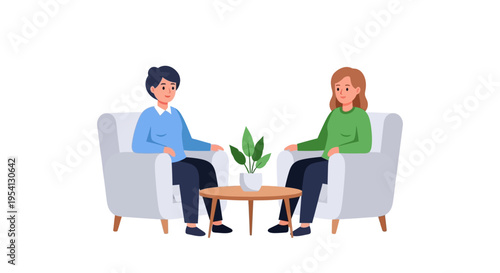 Two Women Engaged in Conversation, Interview, or Therapy Session. Counseling, Coaching, or Meeting Concept in a Modern Flat Illustration.